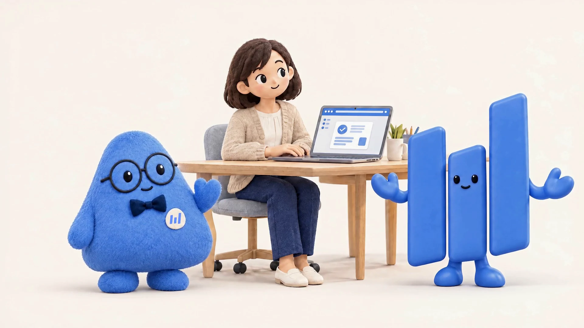 An employee working at a laptop with Dodam and the three-bar BI character beside her.