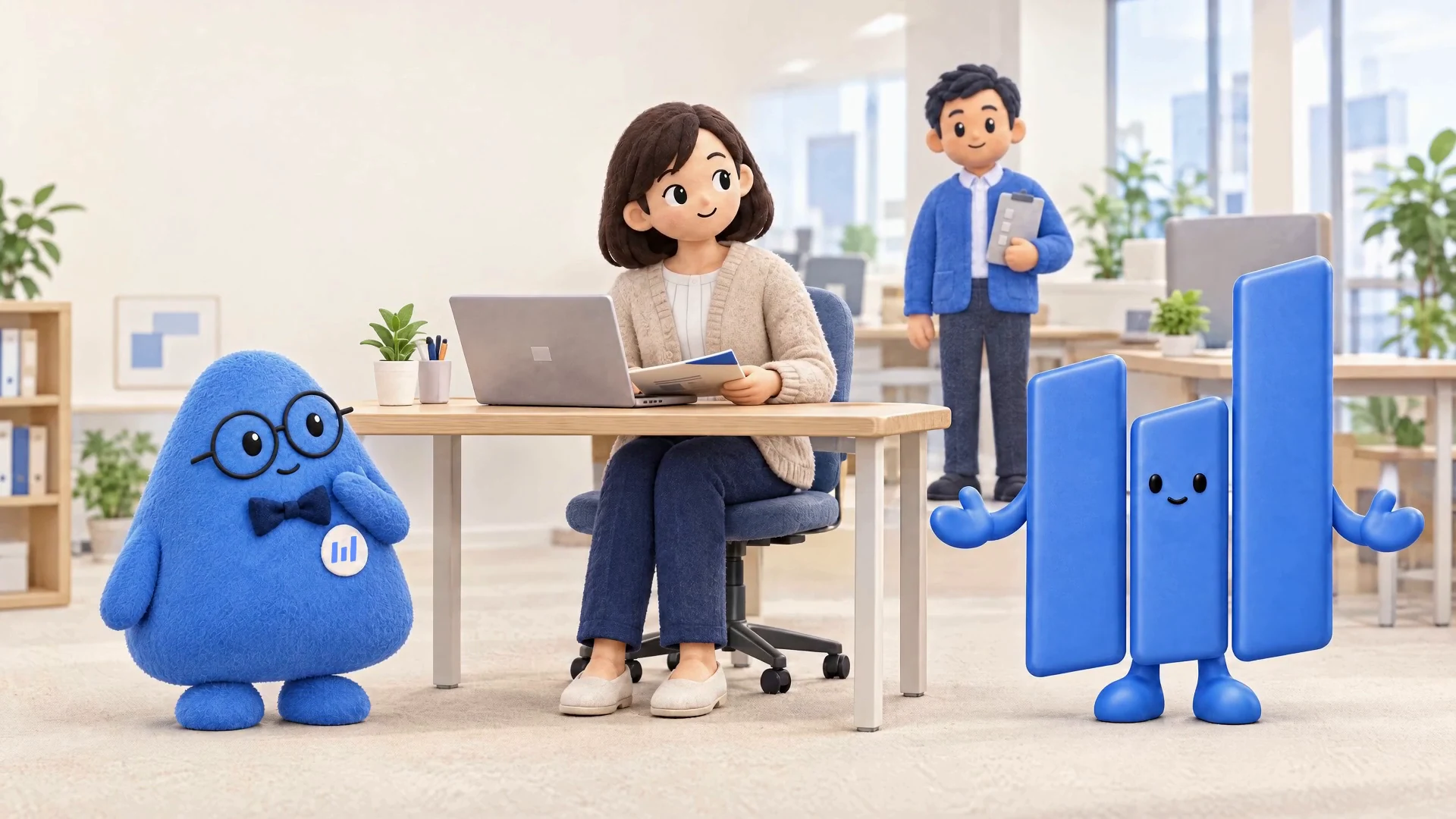 Two colleagues working at an office desk alongside Dodam and BI.